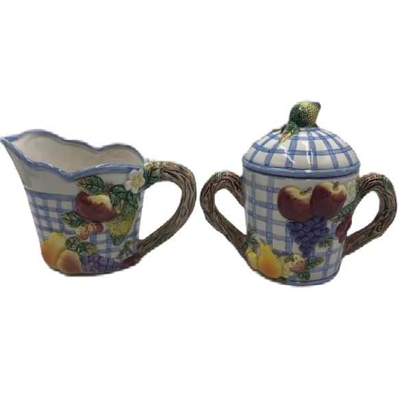 Vintage 1994 Omnibus China Sugar and Creamer Set Checkered Fruit Theme - Picture 1 of 15